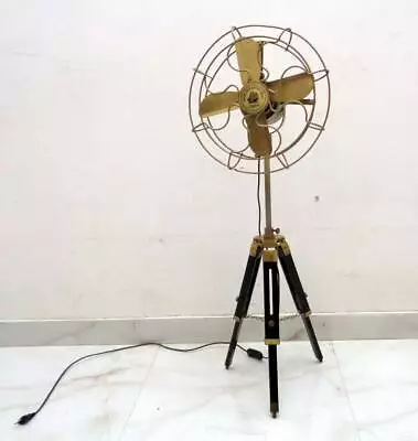 Vintage Style Brass Floor Fan With Wooden Adjustable Tripod Stand Modern Studio • $397.21