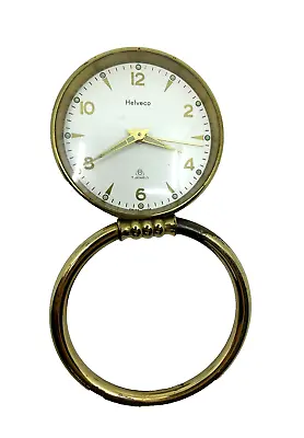 Vintage Helveco 7 Jewels Alarm Clock Brass Carriage Bedside Desk Swiss Made • $48.99