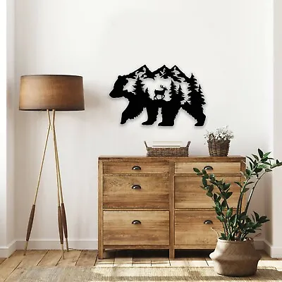 Deer Bear In The Forest Pine Tree Wall Art Metal Rustic Hanging Wall Decor • $66.65