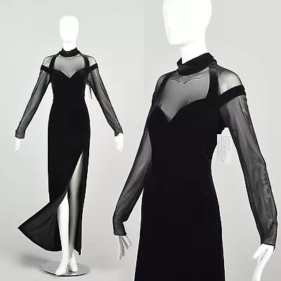 L-XL 1990s Black Stretch Velvet Maxi Mesh Long Sleeve High Thigh Side Slit Dress • $210.60