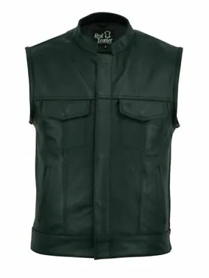 Men's Genuine Motorcycle SOA Waistcoat Real Leather Full Grain Cut Off Vest • £38.99