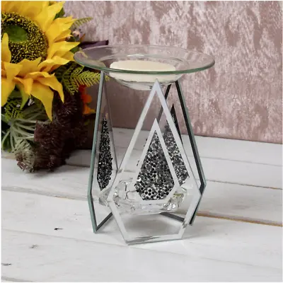 Diamond Shape Black Glitter Glass Oil Burner Yankee Tart Wax Melt Tea Light Hold • £8.90