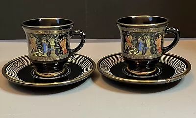 Vintage Adis Set Of 2 Hand Made Demitasse Greece 24 K Gold Trim Blk Espresso Tea • $17.97