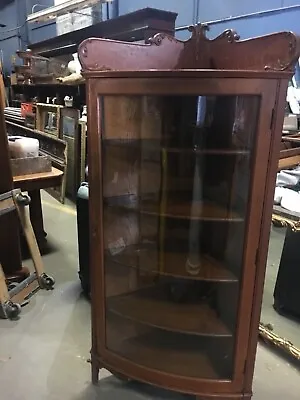 PRETTY Antique Quartersawn Oak Corner Cabinet Glass Door 4 Shelves 67” H X 32” W • $1395