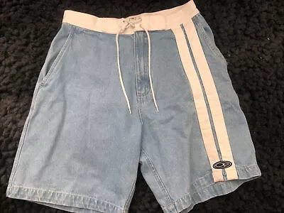 Vintage OP Ocean Pacific Surfer Blue White Denim Shorts Size 34 Side Stripe MINT • $32