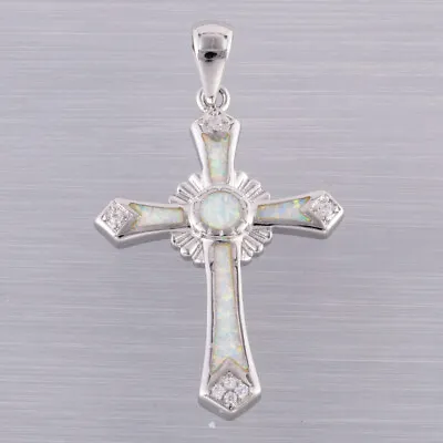 Long Celtic Cross White Fire Opal Silver Jewelry Necklace Pendant • $4.99