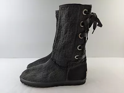 Ugg Heirloom Tall Boot Women US 11 Black Canvas Textured Lace Up Back Classic • $78
