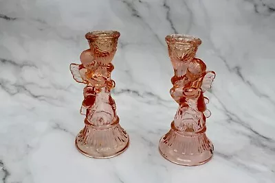 Vintage Pink Glass Cherub Candlestick Holders 6-1/2” • $20