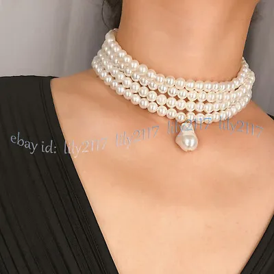 White Shell Pearl Women's Multilayer Choker Collar Baroque Pendant Necklace 16'' • $10.60