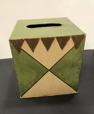 Designer Hand Painted Green TOLE Metal TISSUE BOX COVER Mackenzie Childs Style • $39.95