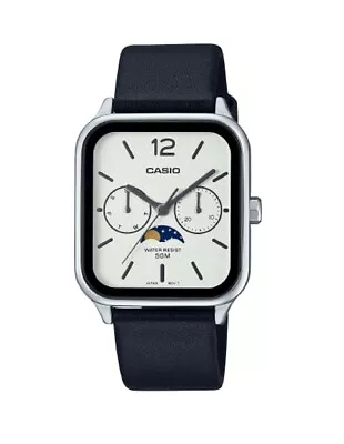 Casio MTP-M305L-7A Moon Phase Quartz Black Leather Band Men's Watch MTPM305L7A • $79.99