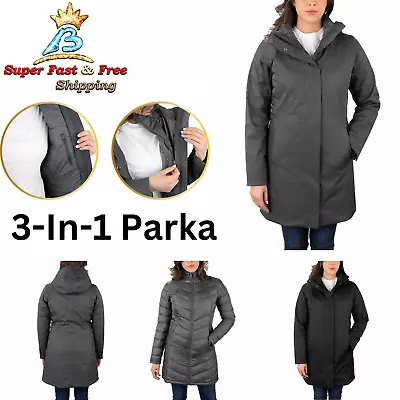 Ladies 3-In-1 Parka Jacket Coat Hoodie Long Sleeve Waterproof Gray Black Women • $31.15