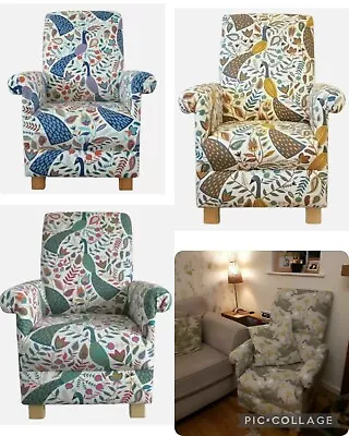 Fryetts Peacocks Fabric Adult Chair Armchair Teal Green Ochre Blue Birds Accent • £209.99