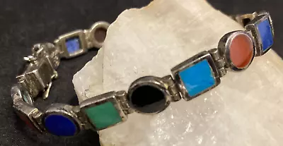 Vintage Multi Stone Malachite Onyx Inlay Bracelet 7.75'' Sterling 925 Silver 20g • $67.23