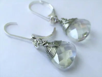 Clear AB Crystal Teardrop Silver LEVERBACK Dangle Earrings • $13.49