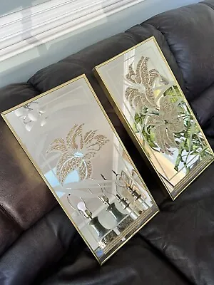 Two Vintage MCM Frosted & Etched Glass- Framed Wall Mirrors  Flowers • $85