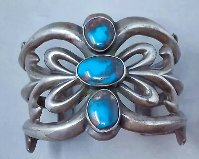 Vintage Navajo Bizby Turquoise & Cast Silver Cuff Bracelet 3 Stones • $988.50