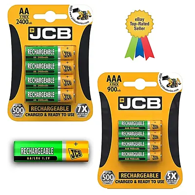 JCB Rechargeable Batteries AA AAA NiMH 2400mAh 1200mAh 900mAh 650mAh Long Life • £2.99