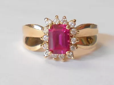 Diamonique Emerald Cut Lab 7x5mm Ruby & CZ 14K Yellow Gold Ladies Ring Size 9 • $375