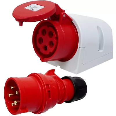 16 Amp 5 Pin Red Plug And Socket IP44 Three Phase 3P+N+E 16A 415V - Made In EU • £18.95