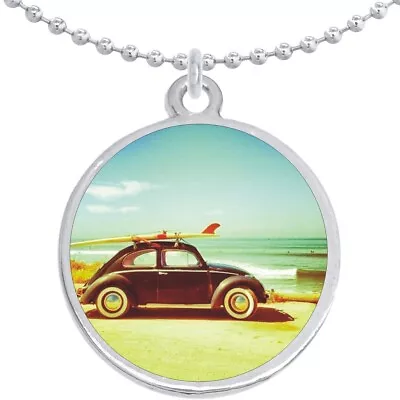 VW Bug Surf Beach Round Pendant Necklace Beautiful Fashion Jewelry • $15.88