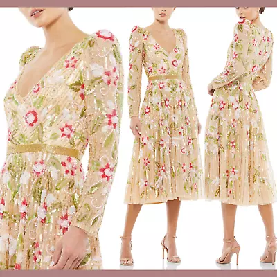 NWT $598 Mac Duggal [ 2 ] Long Sleeve Floral Beaded Midi Tea Dress Nude #G1576 • $289.99