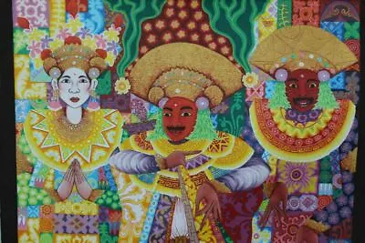 Balinese Topeng Mask Dancers Painting Signed Agung Ubud Bali Wall Decor Art • $554.53