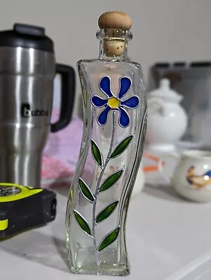 Boho 9  Decorative Curvy Glass Bottle With Cork With Flower • $6