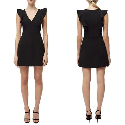 NEW FRENCH CONNECTION Black WHISPER V-Neck RUFFLE Cocktail MINI DRESS US 6 • $39.99