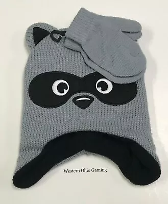 Toddler Raccoon Face Beanie Cap Mittens Combo NEW Gray Winter Weather Hat Set • $5.99