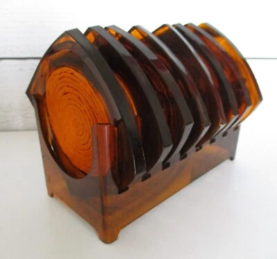 $59.99 • Buy 8 Tortoise Shell Curl Lucite Coasters MCM 1970s Vintage Acrylic + Holder Orange