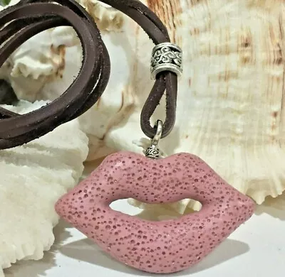 Large Pink Lava Kiss Lips Aromatherapy Diffuser Necklace Essential Oil - Leather • $11.95