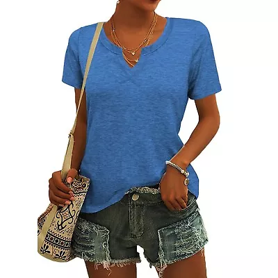 Women's Casual Short Sleeve T-Shirts Curved Hem Summer Solid V-Neck Top Tees • $13.69