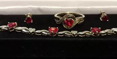 Ruby & Diamond Hearts Ladies 925 Sterling Silver 4pc Set😀 • $45