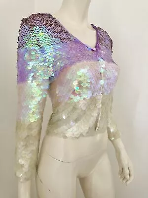 MOSCHINO Short Cardigan Jacket Vest Size S-IT42 Iridescent Graded Sequins Pink • $553.21