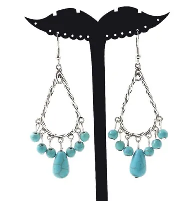 Vintage Retro Style Silver And Turquoise Acrylic Drop Chandelier Earrings • £4.59