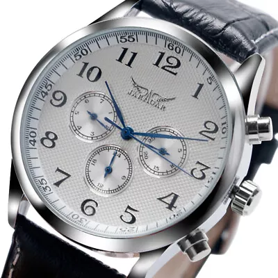 JARAGAR Classic Sub Dial Business Automatic Watch For Men Leather Strap Watches • £26.20