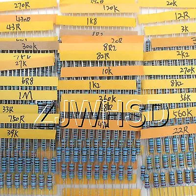 (1.2Ω–1M Ω) 500pcs 50 Values 1/2W 0.5W 1% Metal Film Resistors Assorted Kit Set • $9.90