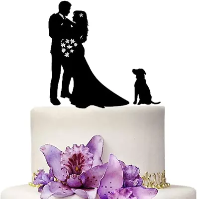 Wedding Cake Toppers Bride And Groom With Dog Black Color Acrylic Silhouette Wed • $12.69