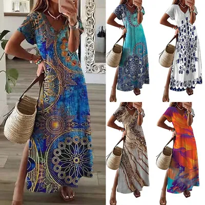 Women Short Sleeve Casual Long Maxi Dress Floral Kaftan V Neck Summer Sundress • $16.32