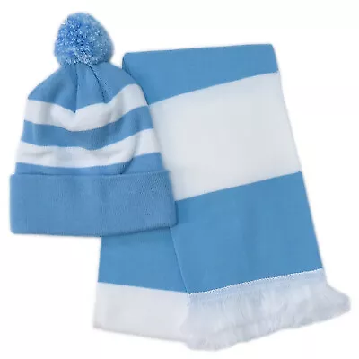 £14.95 • Buy Sky Blue & White Hat And Scarf Set Beanie Bronx Warm Bar Stripe