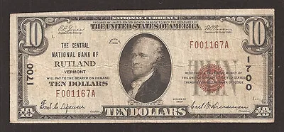 Rutland Vermont Charter # 1700 Series1929 $10.00 Type -1 16 Reported! • $295
