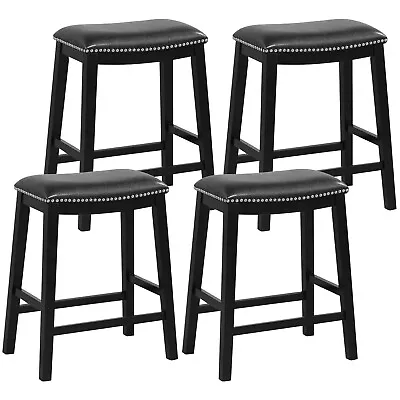 26  Solid Wood Saddle Stools Set Of 4 Barstools W/ Footrests & PVC Faux Leather • $189.99