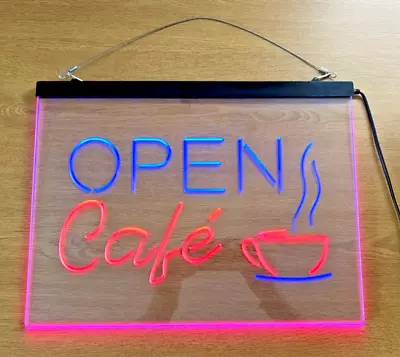Café Open LED Neon Shop Window Sign  Hanging Light Up • £15