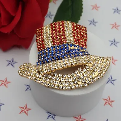 Vtg Uncle Sam Patriotic Red White Blue Pave Rhinestone Gold Tone Hat Pin By LS • $34.95