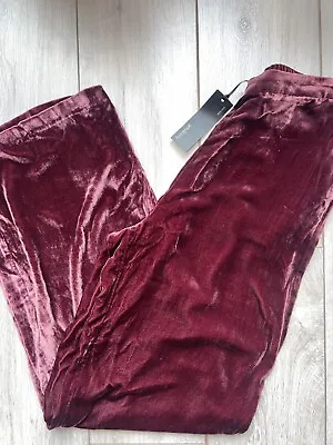 M&S Silk Blend Velvet Trousers Womens Size 12 Burgundy Wide Leg  Trousers New • £29.99