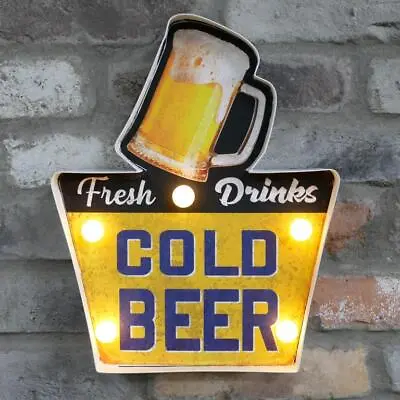 Beer Light Up Sign Tin Metal Wall Mounted LED Decor Hanging Retro Bar Plaque • £20.99