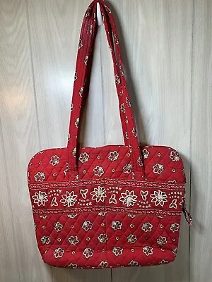 Vera Bradley Large Laptop Tote Red Bandanna Floral Go Round Bag Zippered • $13.99