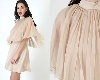 Vtg 70s Nude Chiffon Micro Mini Dress Accordion Sheer Pleated Capelet Bodice • $56.05