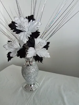 £25 • Buy *STUNNING NEW* Silver Bling Mosaic Decorated 26cm Vase With Black&White Flowers